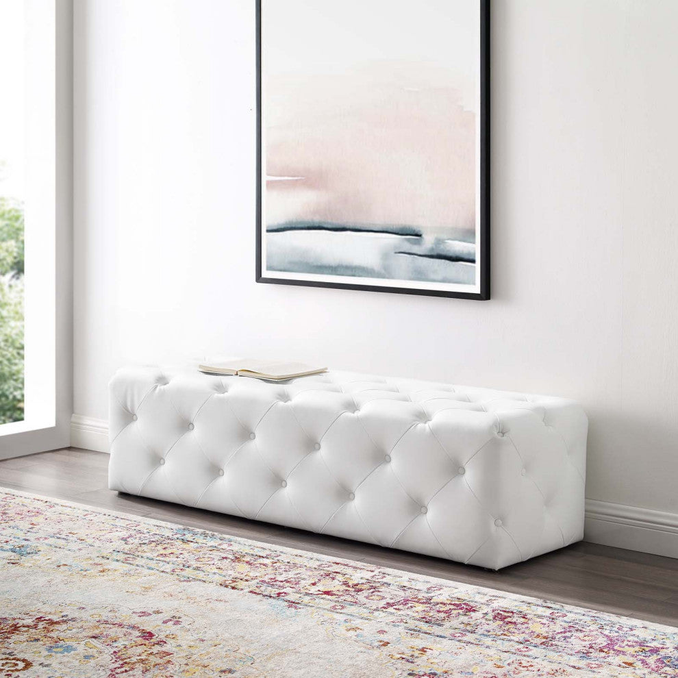 Tufted Accent Chair Bench, Faux Leather, White, Modern, Lounge Hospitality