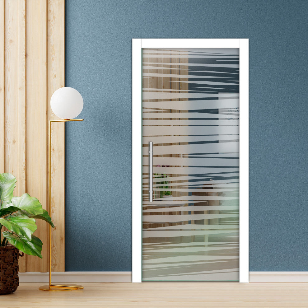 Frameless Pocket Sliding Glass Door, Sandblasted Design, 32"x80" Inches, T-Handle Bar, Semi-Private