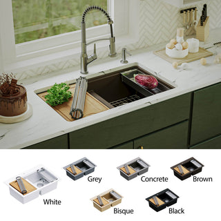 Karran Undermount 32.5 in. Double 50/50 Bowl Workstation Kitchen Sink, Brown