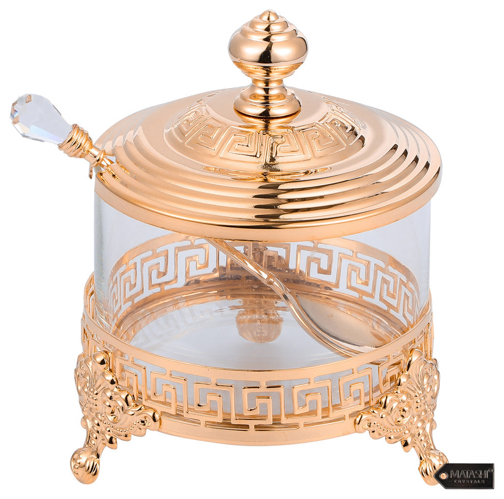 Rose Gold Sugar Bowl Honey Dish Candy Dish Glass Bowl Crystal Studded Spoon