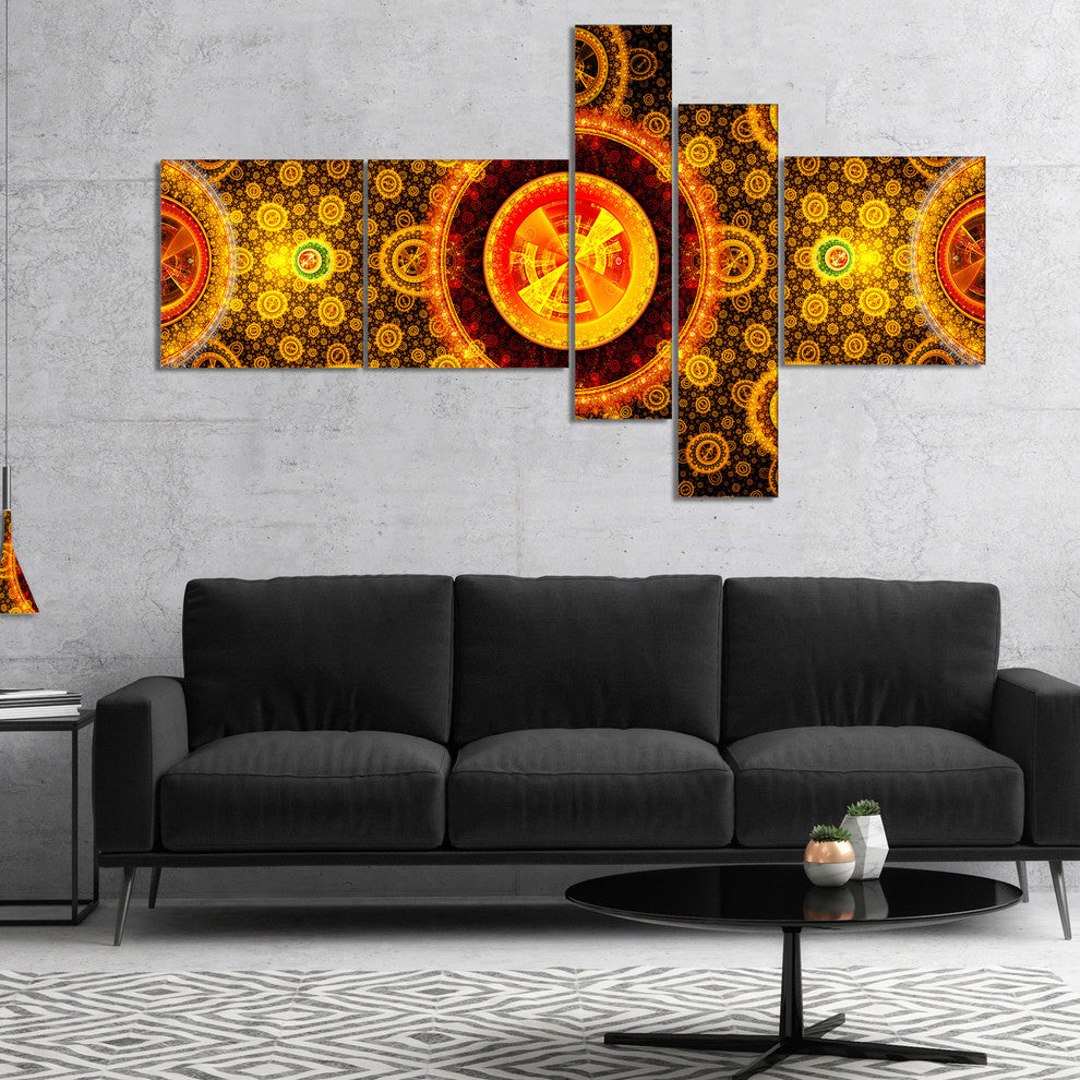 Golden Psychedelic Relaxing Art, Abstract Canvas Art Print, 60"x32", 5 panels