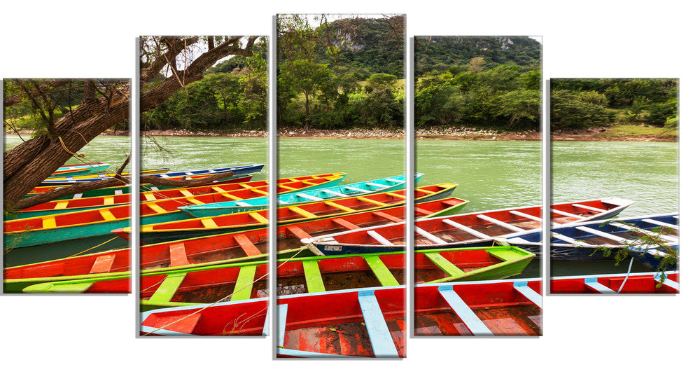 Colorful Boats in Mexico, Landscape Canvas Art Print, 60"x32", 5 Panels