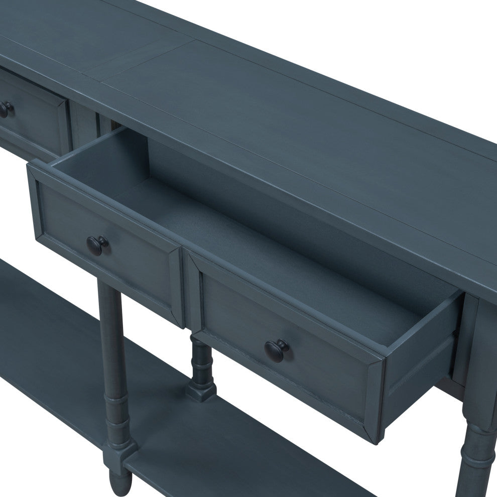 58" Two-Drawer Console Table Bottom Shelf for Living Room Antique Navy