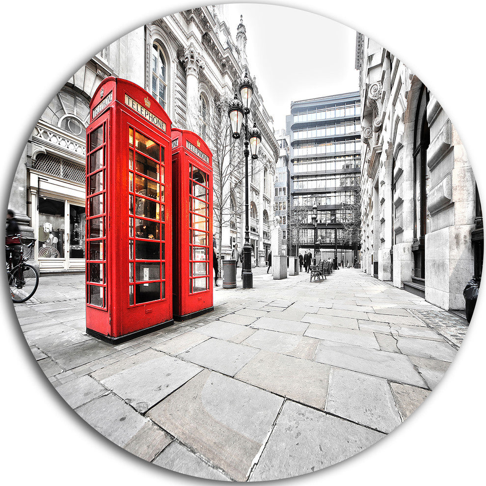 Phone Booths On Street, Cityscape Round Wall Art, 23"