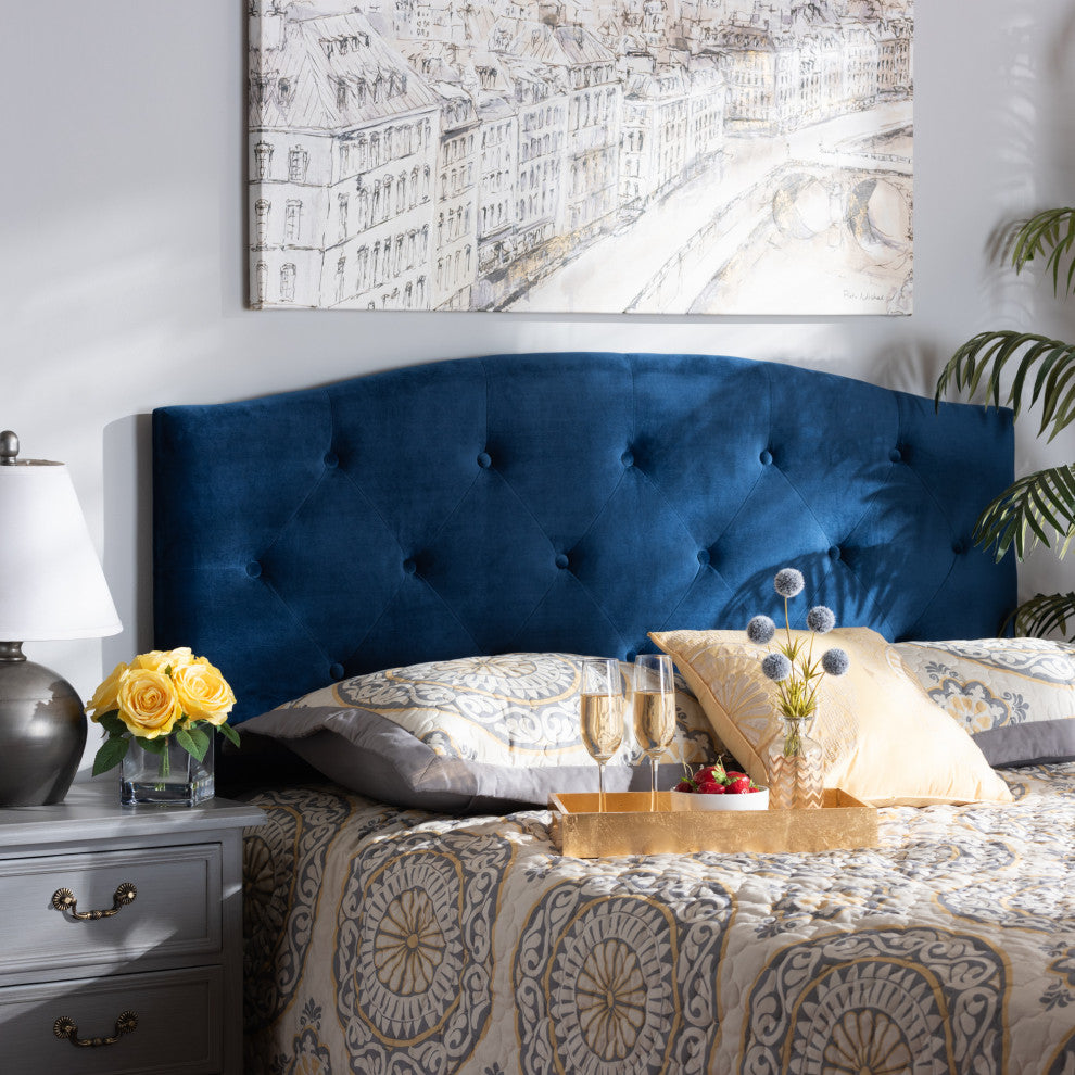Carter Modern Velvet Fabric Upholstered Headboard King, Navy Blue
