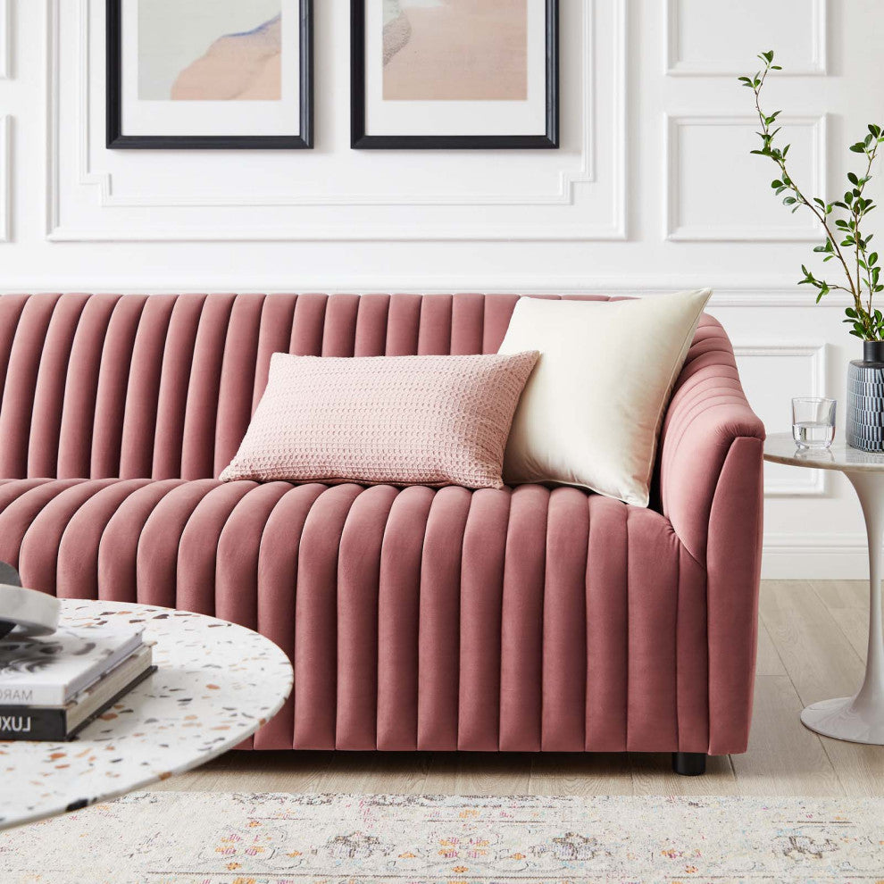 Tufted Sofa, Pink, Velvet, Modern, Mid Century Living Hotel Lounge Cafe Lobby