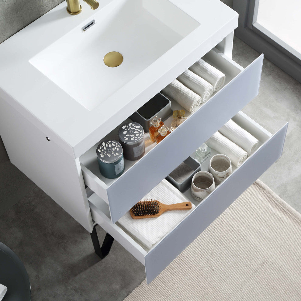 LED Lighted Bathroom Vanity With Ceramic Sink and Dimmed Light, Light Gray, 30"