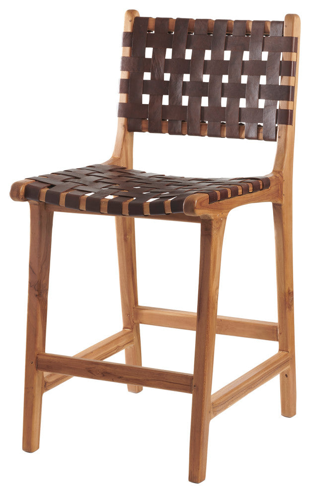 Visby Teak Wood Counter Stool with Dark Woven Leather