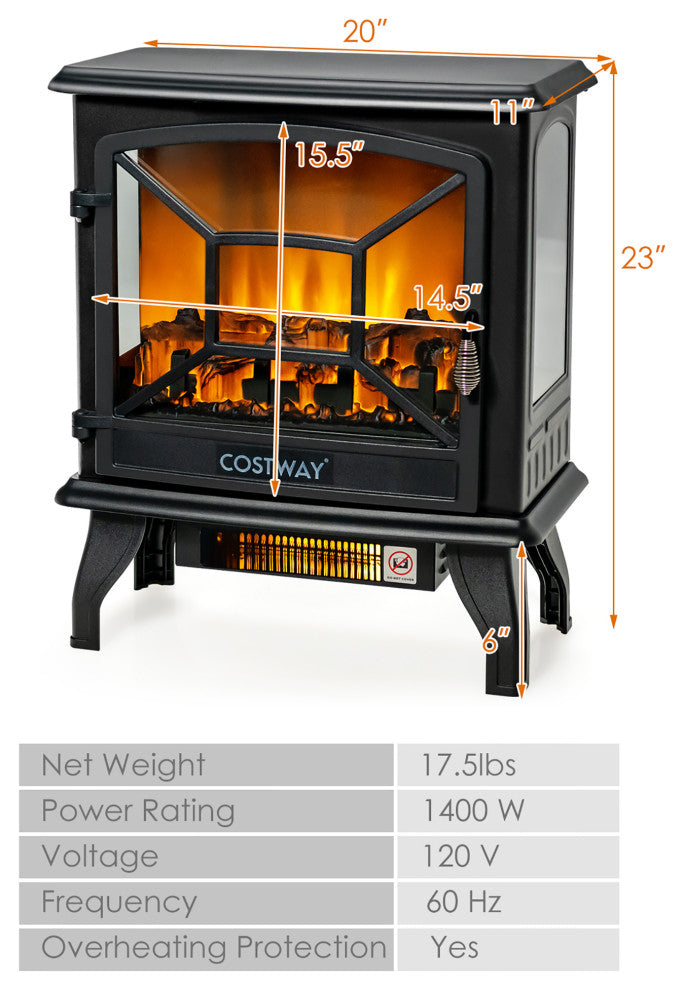 Costway 20'' Freestanding Electric Fireplace Heater W/ Realistic Flame 1400W