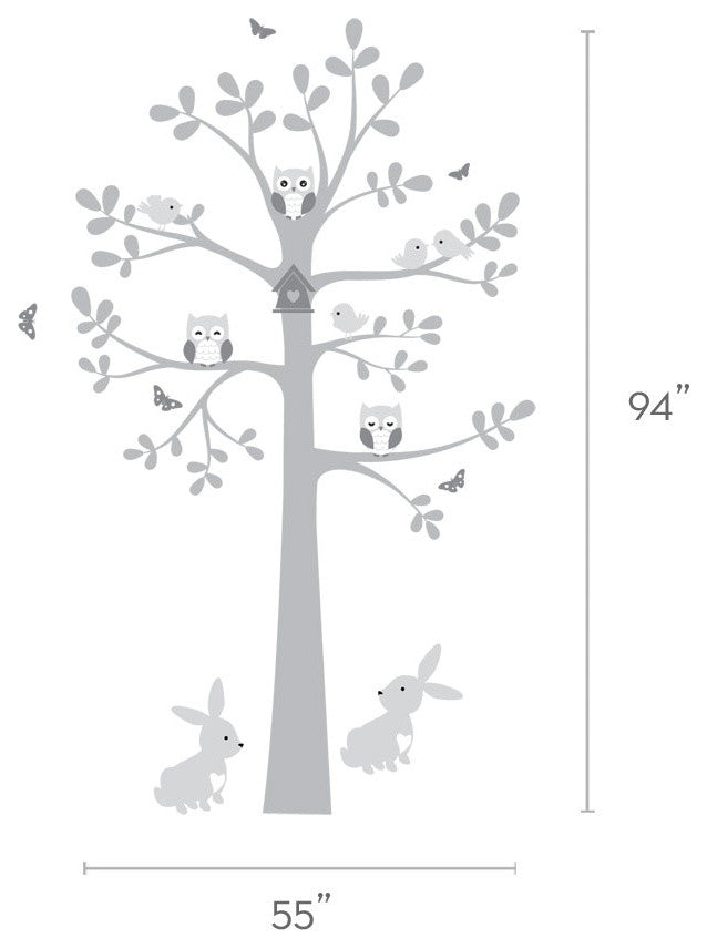 Tree Wall Decal With Animals, Owl Rabbit Bird Tree Wall Decal, Scheme C, Standar