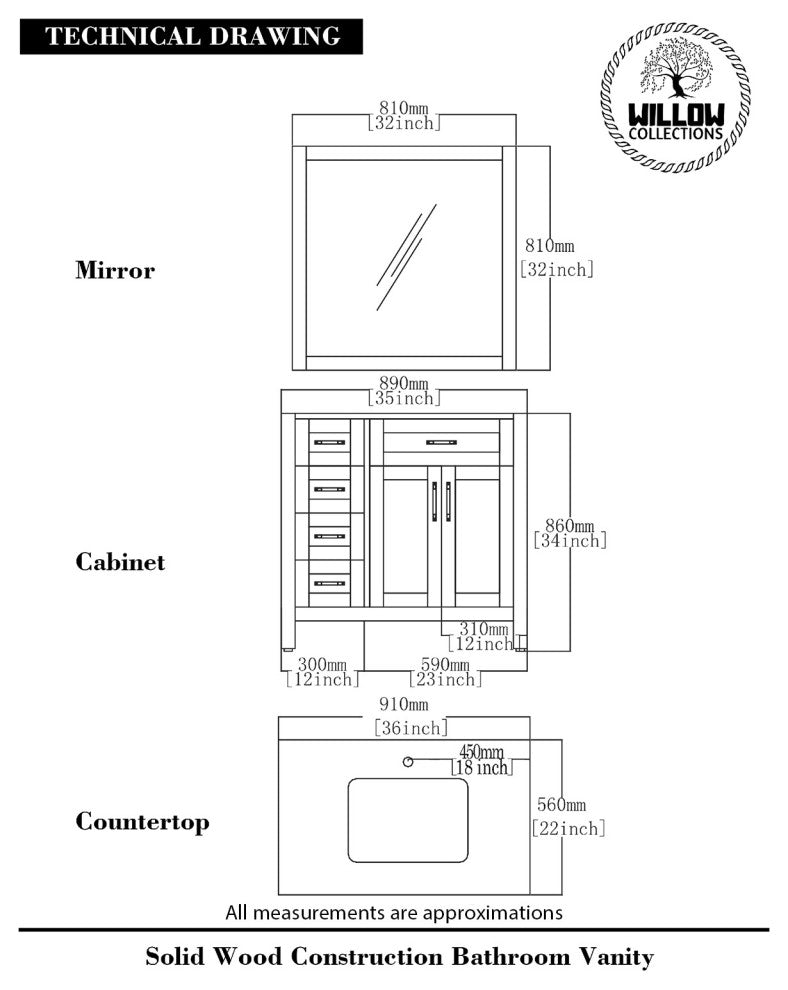 Cambridge 36 Center Sink Bath Vanity in White 2" Carrara Marble