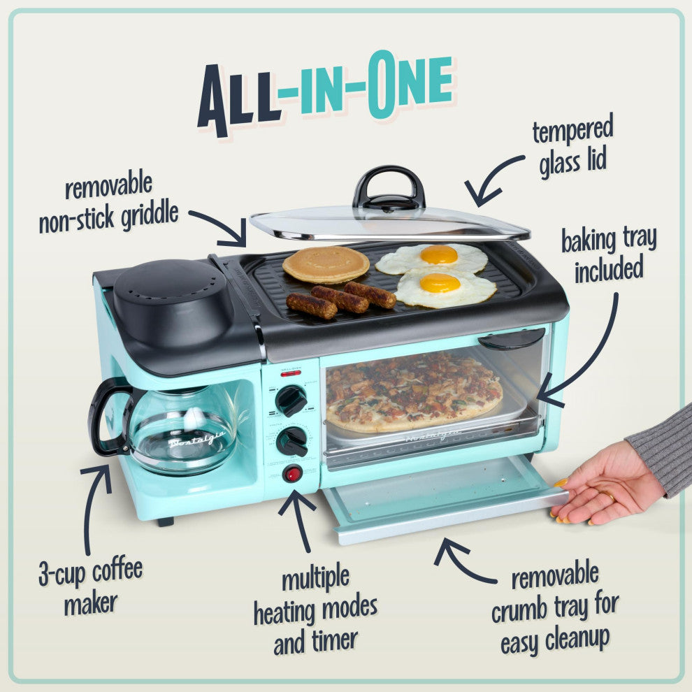 3-in-1 Breakfast Station - Includes Coffee Maker, Non-Stick Griddle, and 4-Slice, Aqua Breakfast Station
