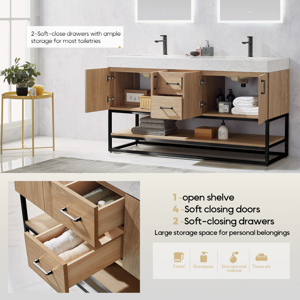 Alistair Vanity, North American Oak, Matte Black Hardware, 60" Double Sink, With Mirror