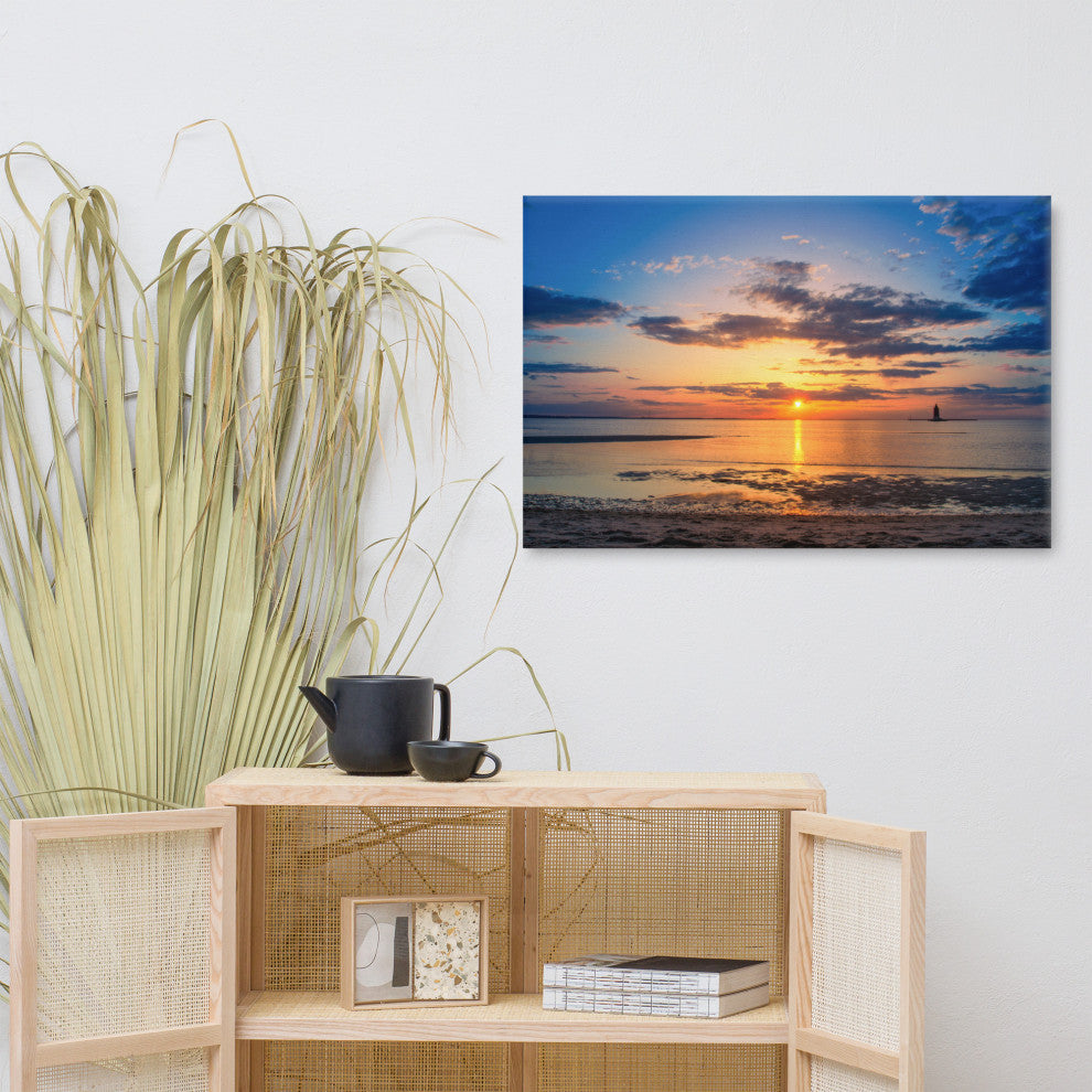 Sunset at Breakwater Lighthouse Coastal Landscape Photo Canvas Print, 24" X 36"