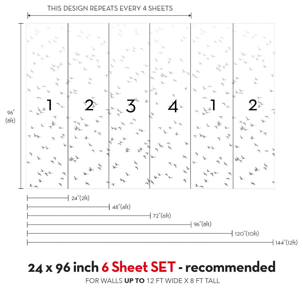 Soaring Birds Peel and Stick Vinyl Mural, Grey, 24"w X 96"h, 6 Panel Set