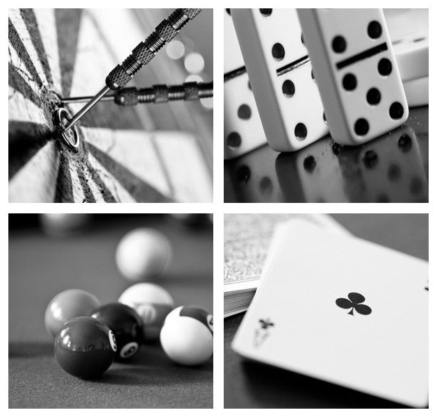 4-Piece Game Room Square Canvas, Contemporary Black and White Wall Art, 16"x16"
