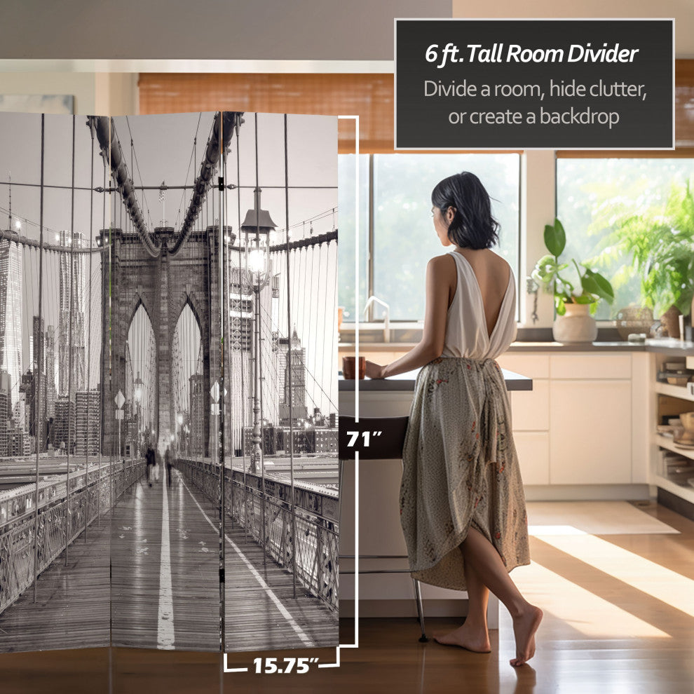 6' Tall Double Sided Black and White New York Bridge Canvas Room Divider