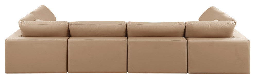 Comfy Upholstered U-Shaped Modular Sectional, Tan, 6-Piece: 4 Armless Chair, 2 Corner Chair, Vegan Leather