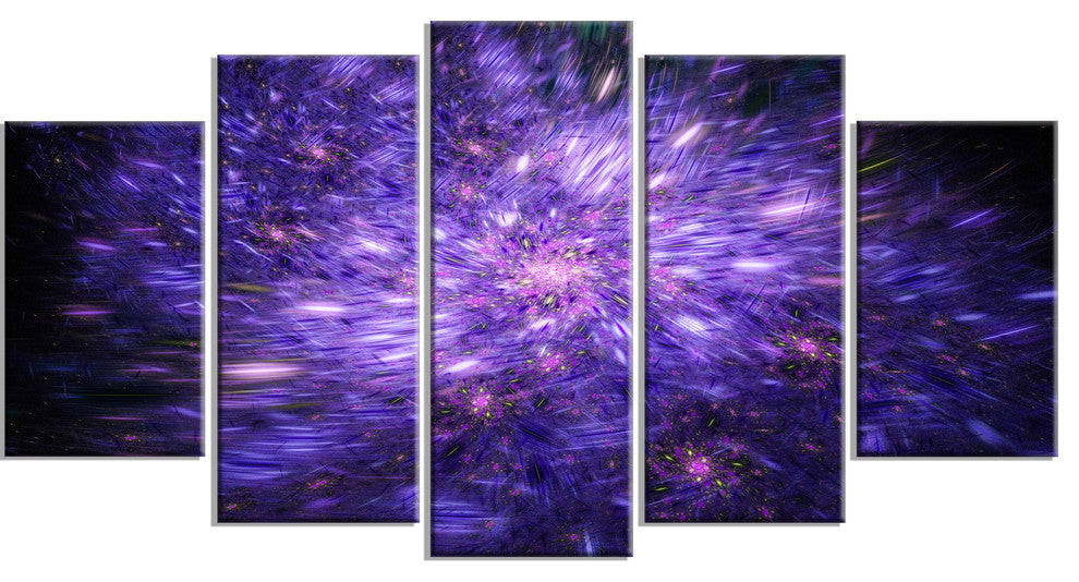 Purple Fireworks on Black, Contemporary Art on Canvas, 60"x32", 5 Panels