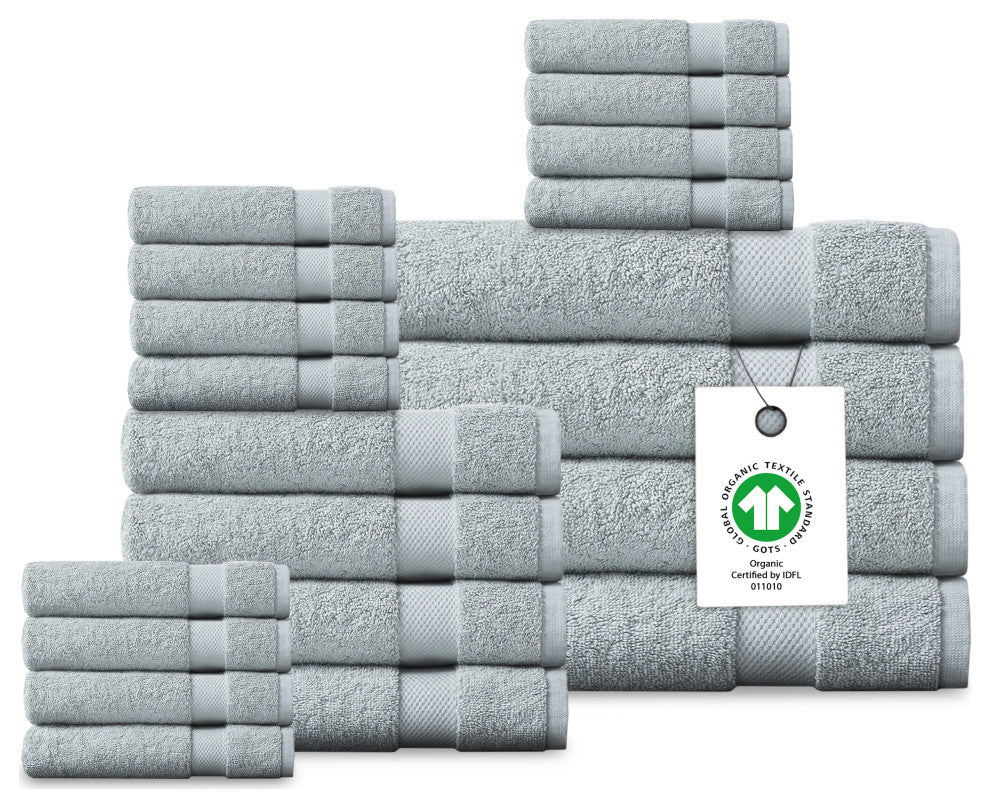 Delara 20-Piece Solid 100% Organic Cotton Plush Bath Towel Set 30"x58", Light Blue
