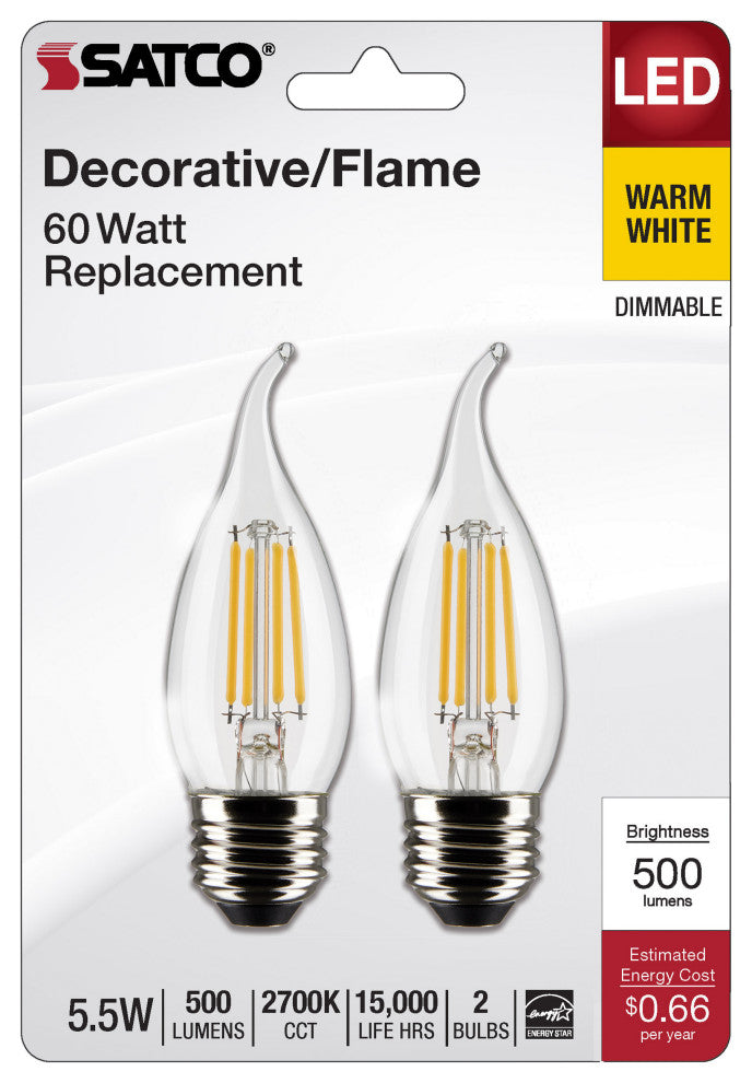 5.5W CA10 LED, Clear, Medium Base, 2700K, 500 Lumens, 120V, 2- Pack