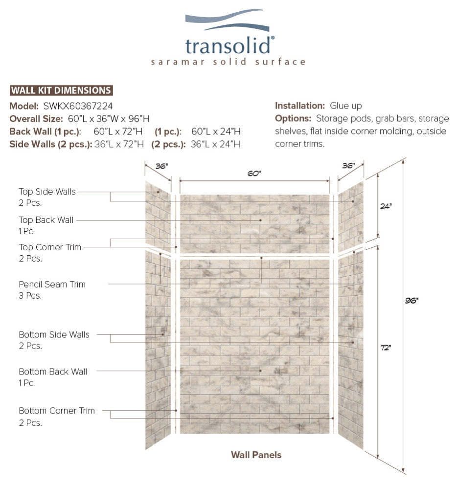Transolid SaraMar 60"x36"x96" 6-Piece Shower Wall Kit with Extension, Sand Creme
