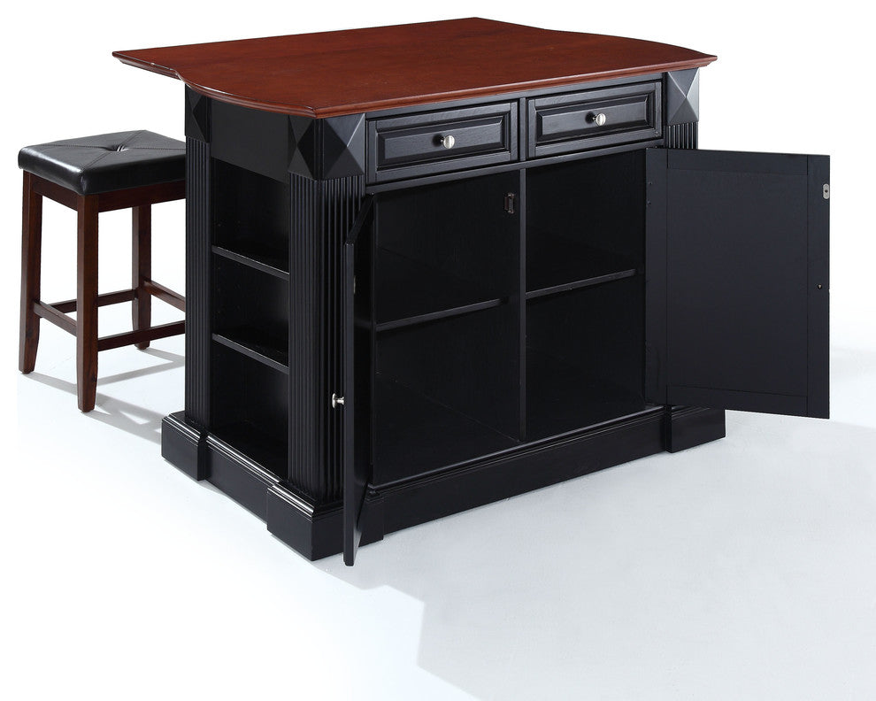 Drop Leaf Breakfast Kitchen Island, Black, 24" Upholstered Square Seat Stools