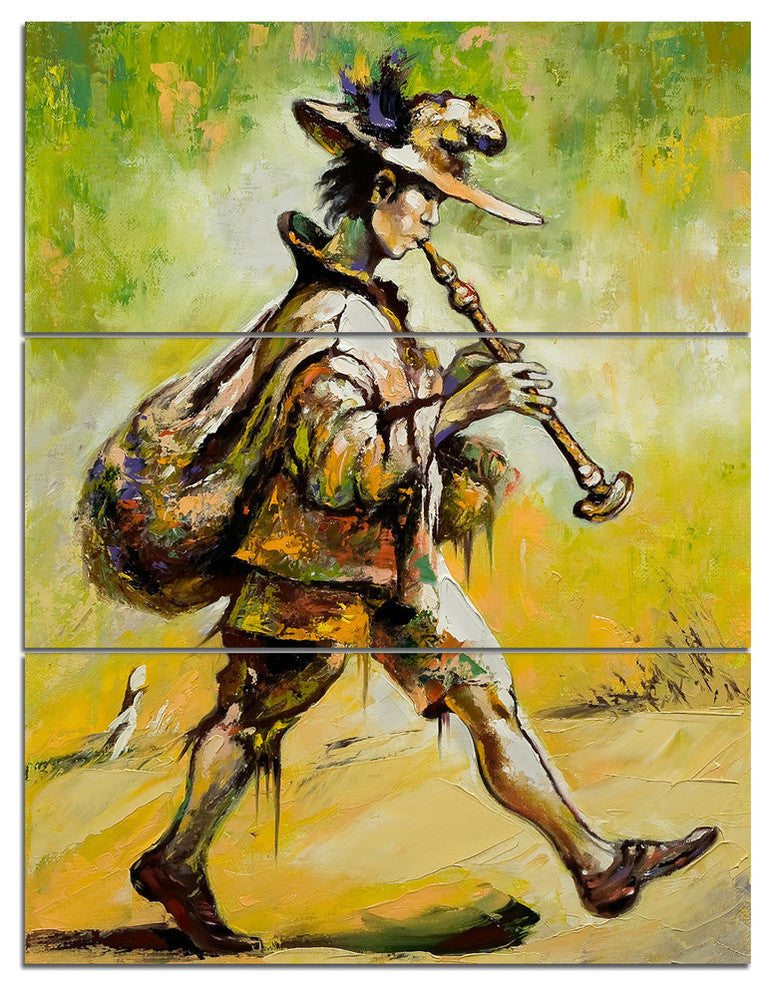 "Wandering Troubadour With Pipe" Glossy Metal Wall Art, 3 Panels, 28"x36"