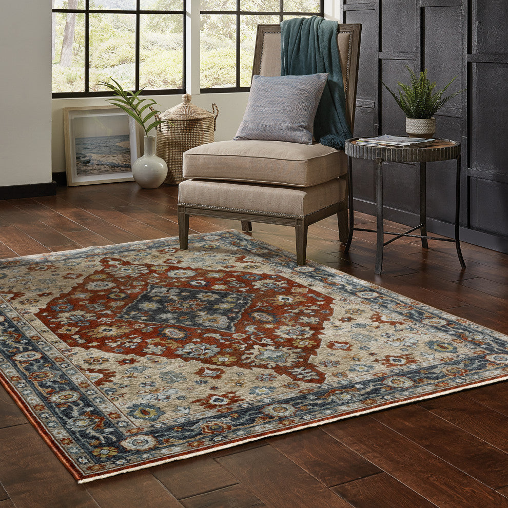 Augustus Vintage Medallion Rust/ Blue Indoor Area Rug, Red, 6'7"x9'6"