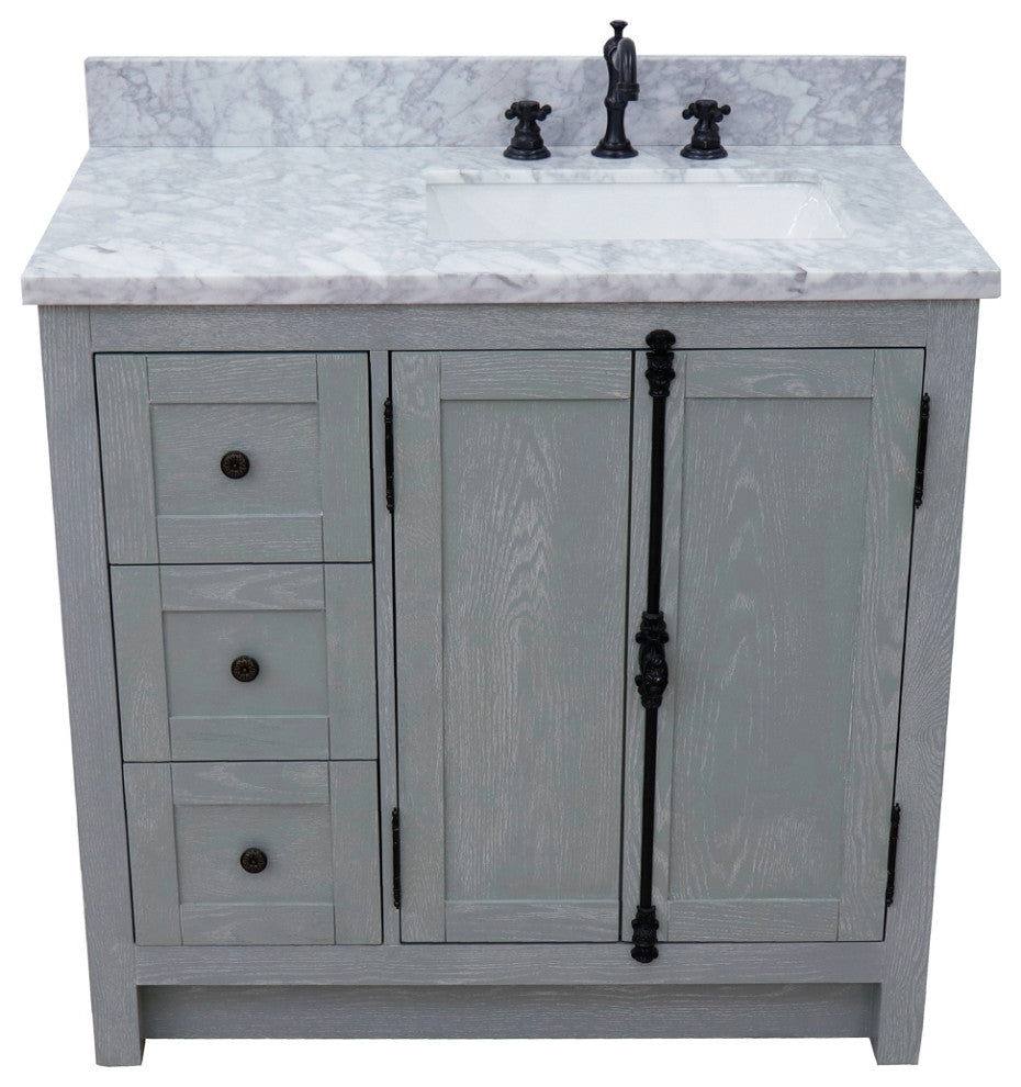 37" Vanity, Gray Ash With White Carrara Top, Right Doors/Right Rectangle Sink