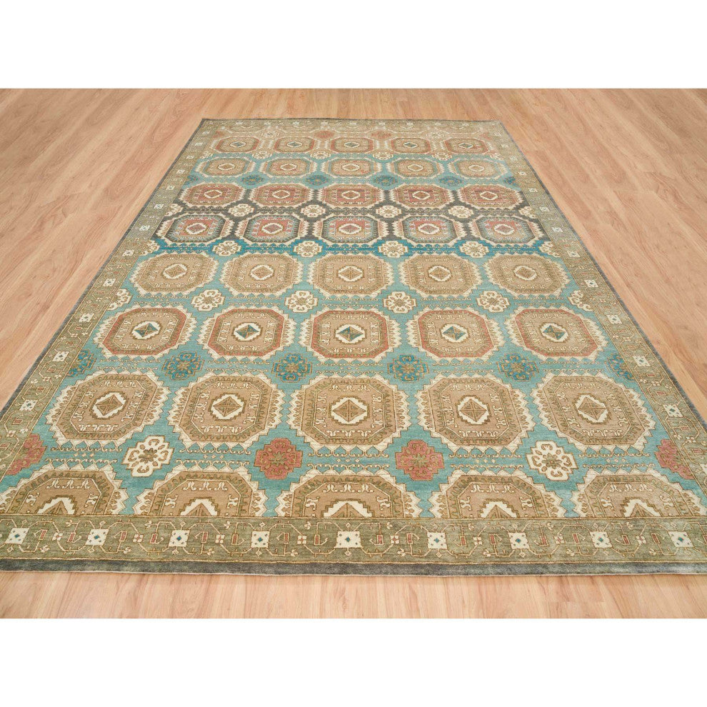 Hand Spun Ghazni Wool, Natural Dyes, Caucasian Gul Motifs Rug, 10'x14'