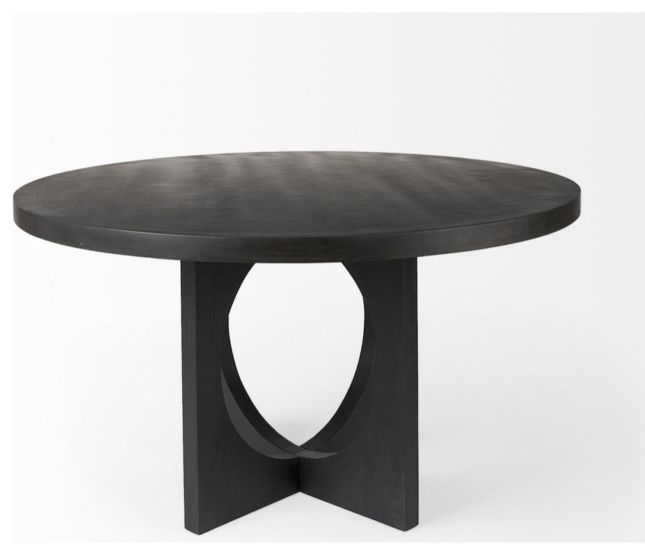 54" Black Rounded Solid Wood Pedestal Base Dining Table