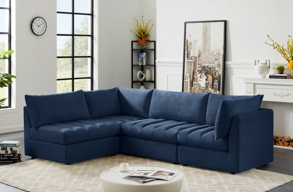 Jacob Velvet Upholstered 4-Piece L-Shaped Modular Sectional, Navy
