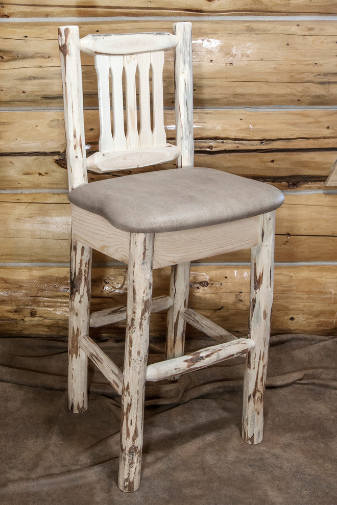Barstool With Back, Clear Lacquer Finish With Upholstered Seat, Buckskin Pattern