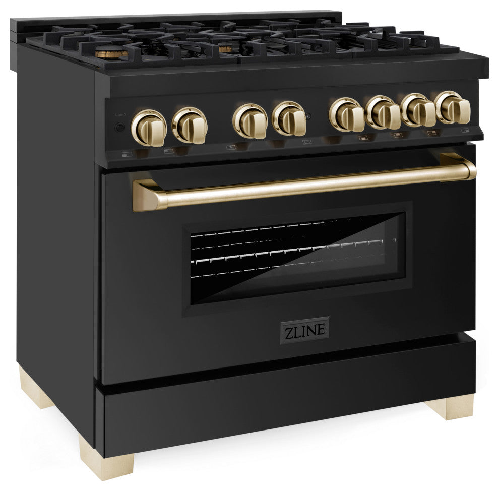 ZLINE 36" Dual Fuel Range, Black Stainless Steel With Gold Accents RABZ-36-G