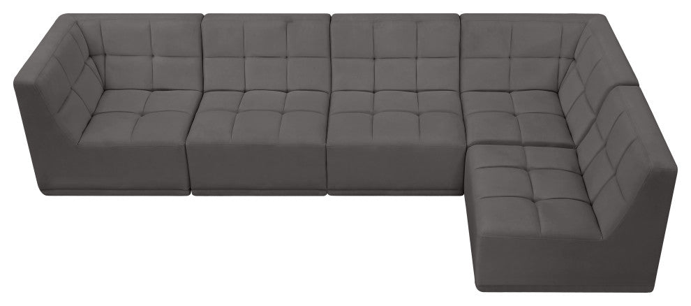 Relax Velvet Upholstered 5-Piece L-Shaped Modular Sectional, Grey