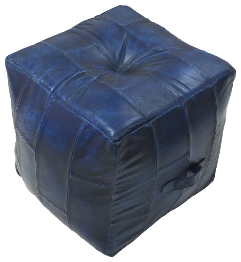 Geometric Handmade Leather Pouf (Recycled Foam with Fibre Fill) Black, [Square]16x16x16