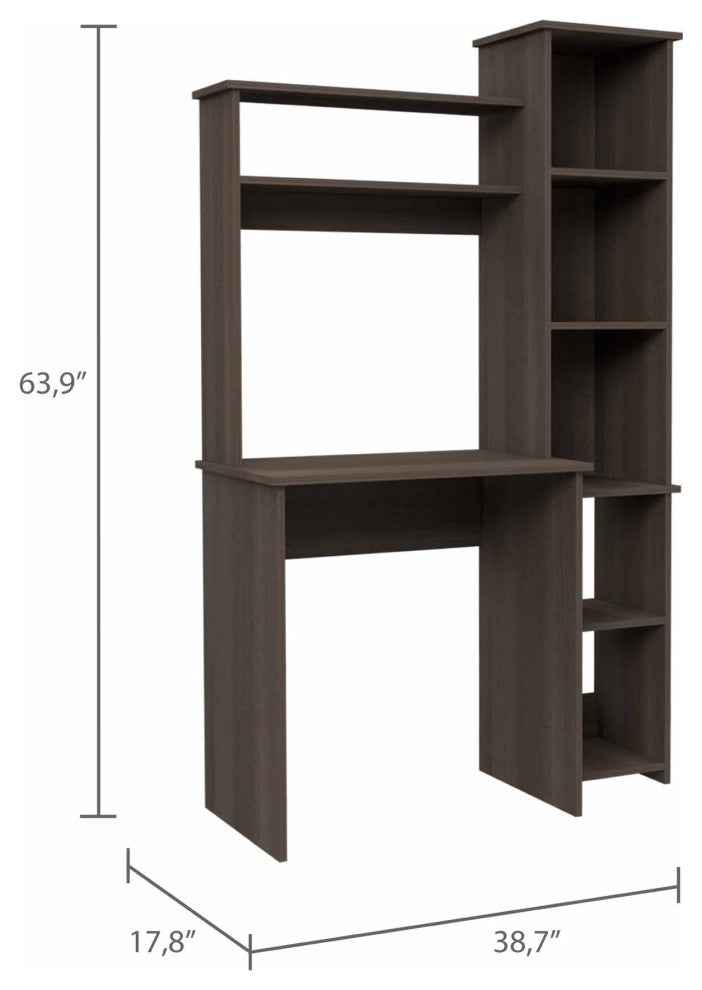 TATEUS 6-Shelf Home Office Writing Desk with Built-in Bookcase, Smokey Oak