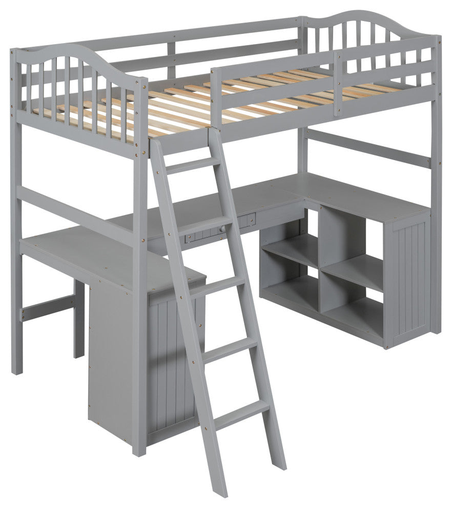Gewnee Wood Twin Loft Bed with Drawers, Shelves and Desk in Gray