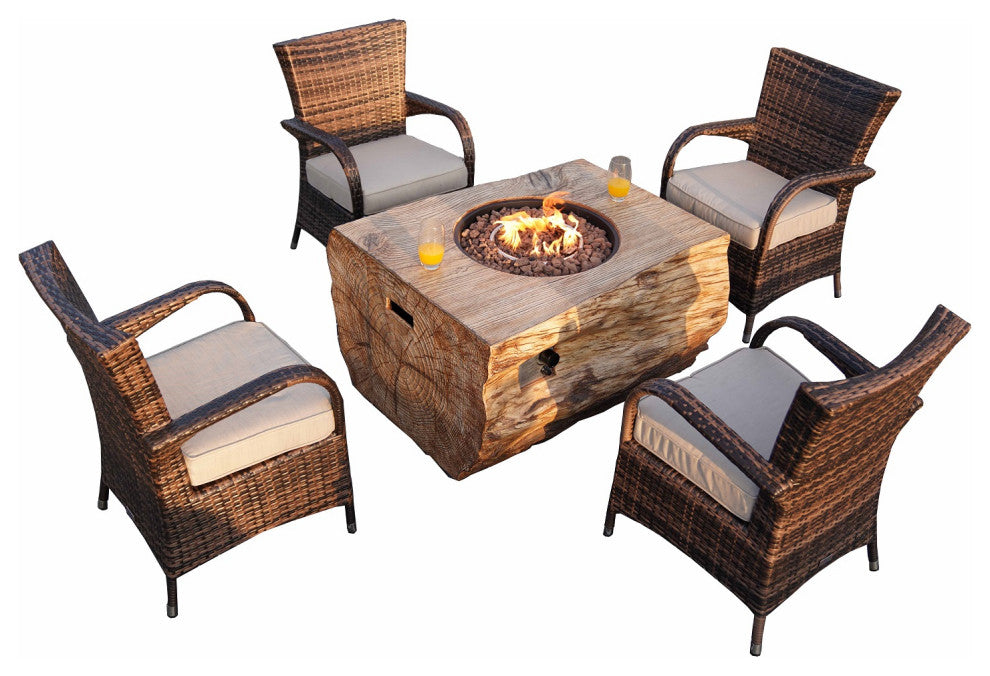 Patio Wood Coating Propane Fire Pit Table with Cushioned Chairs, Rectangle-2