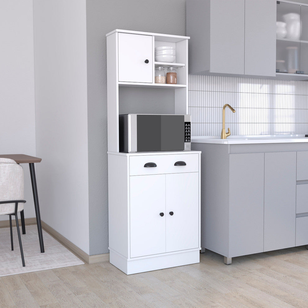 Powell Kitchen Pantry With 2 Cabinets, 2 Open Shelves, and Drawer, White