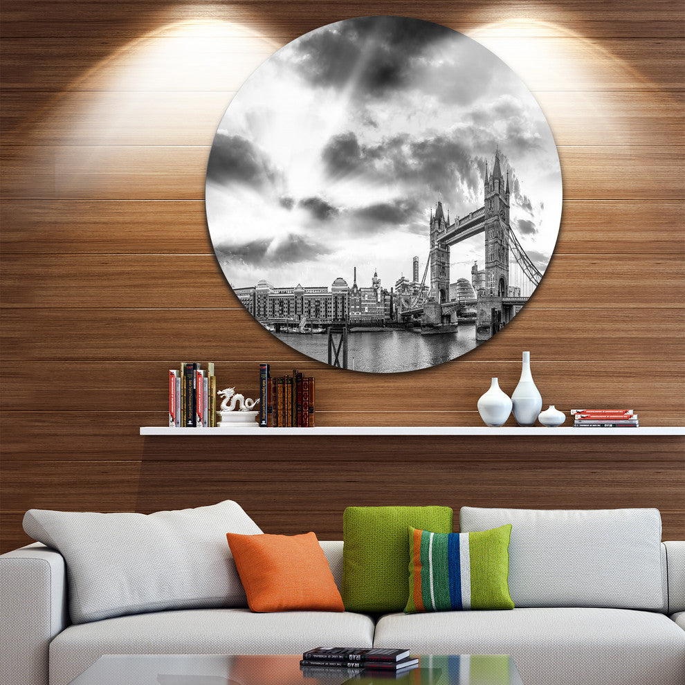 Black And White View Of London Panorama, Disc Metal Wall Art, 11"