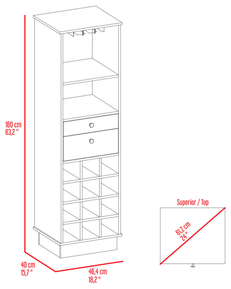 Hype Bar Cabinet with 12 Wine Cubbies, 2 Drawers, Glass Rack, and Shelf, Black