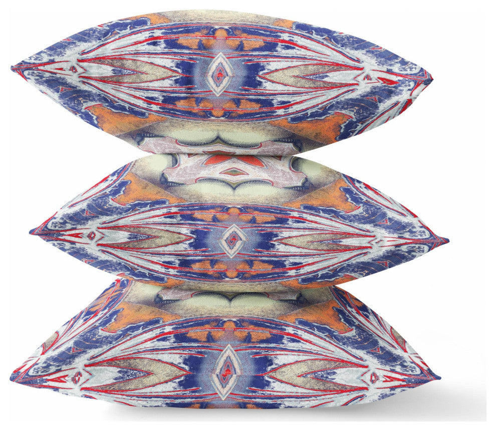 16" Pale Orange Blue Geo Tribal Suede Throw Pillow