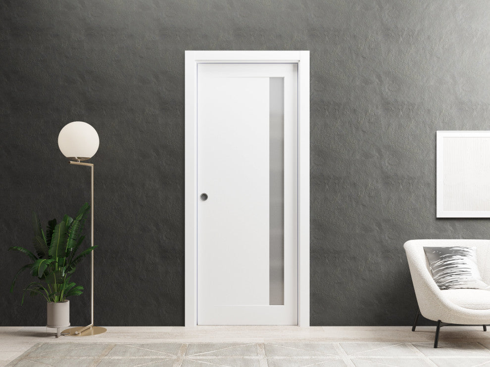Slab Barn Door 36 x 80, Planum 0660 Painted White & Frosted Glass, Sliding