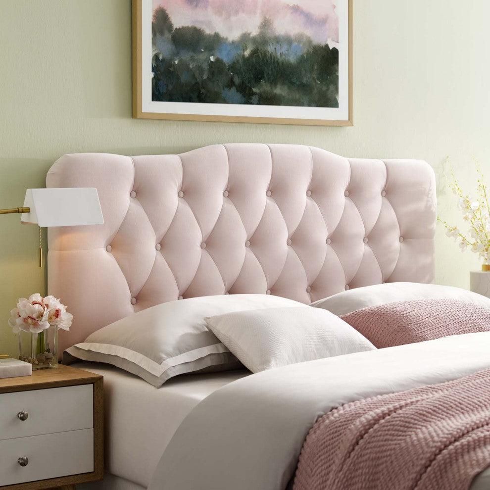 Contemporary Modern Bedroom Full Size Tufted Headboard, Velvet Fabric, Pink