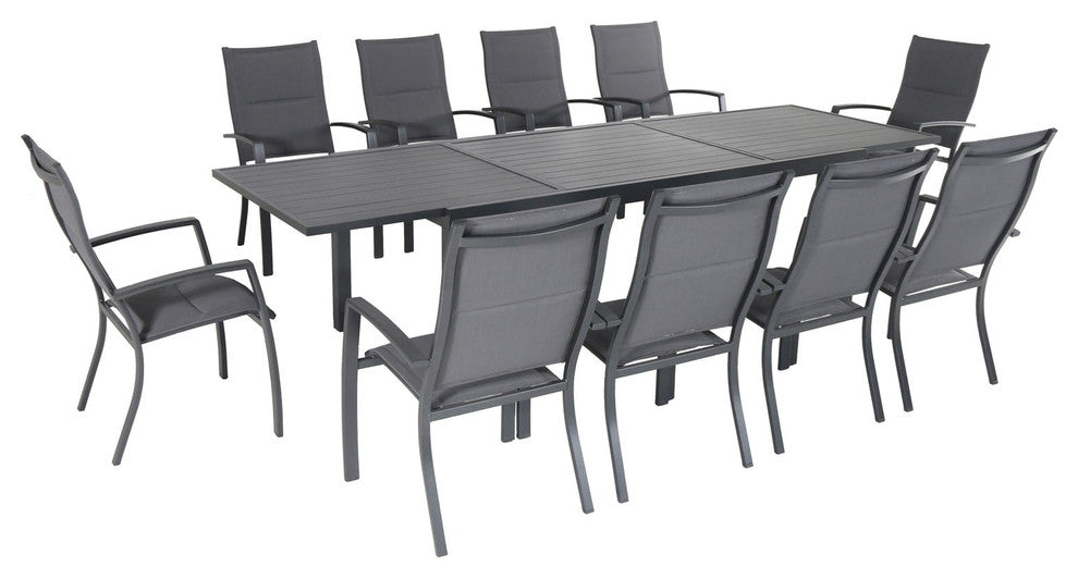 Naples 11-Piece Outdoor Dining Set With Padded Chairs, Gray and 40"x118" Table