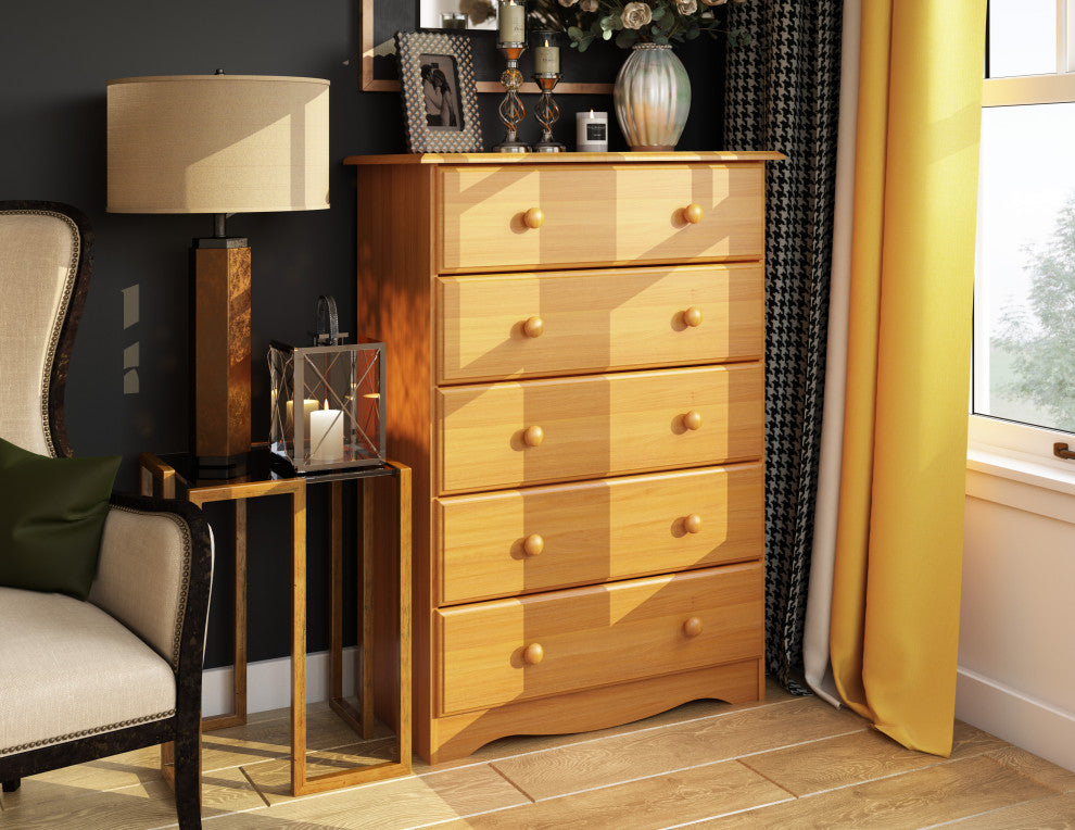 100% Solid Wood 5-Drawer Chest, Honey Pine