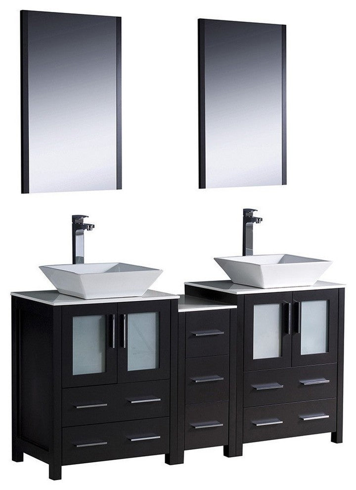 Torino 60" Espresso Modern Double Sink Bathroom Vanity, Faucet FFT1044CH