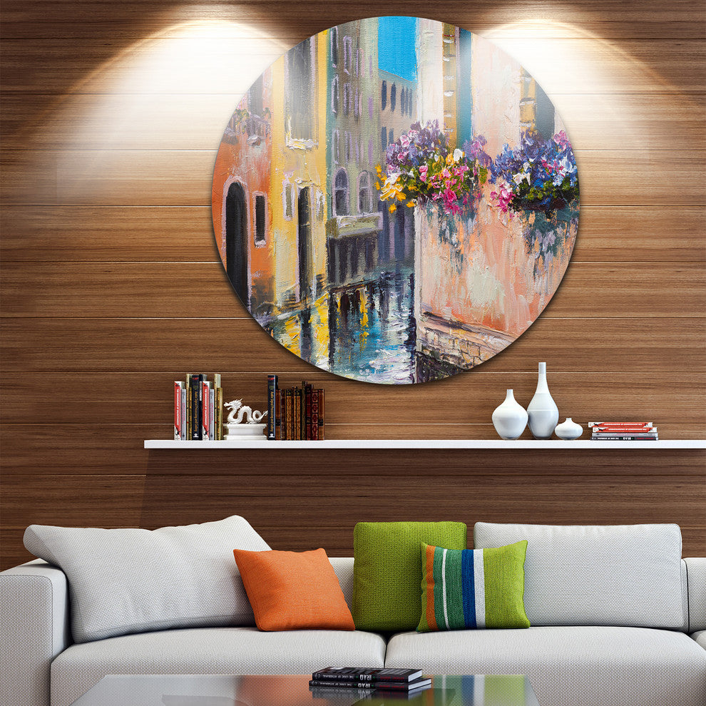 Canal In Venice With Flowers, Cityscape Large Disc Metal Wall Art, 36"